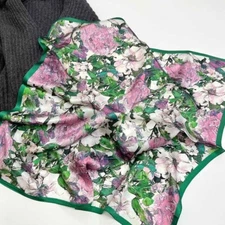 100% Pure Silk 27'' Scarf Women Green Pink Flowers Kerchief Square Bandana Wrap