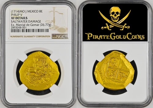 1715 FLEET FISHER COA MEXICO 1714 8 ESCUDOS NGC XF  SHIPWRECK PIRATE GOLD COINS