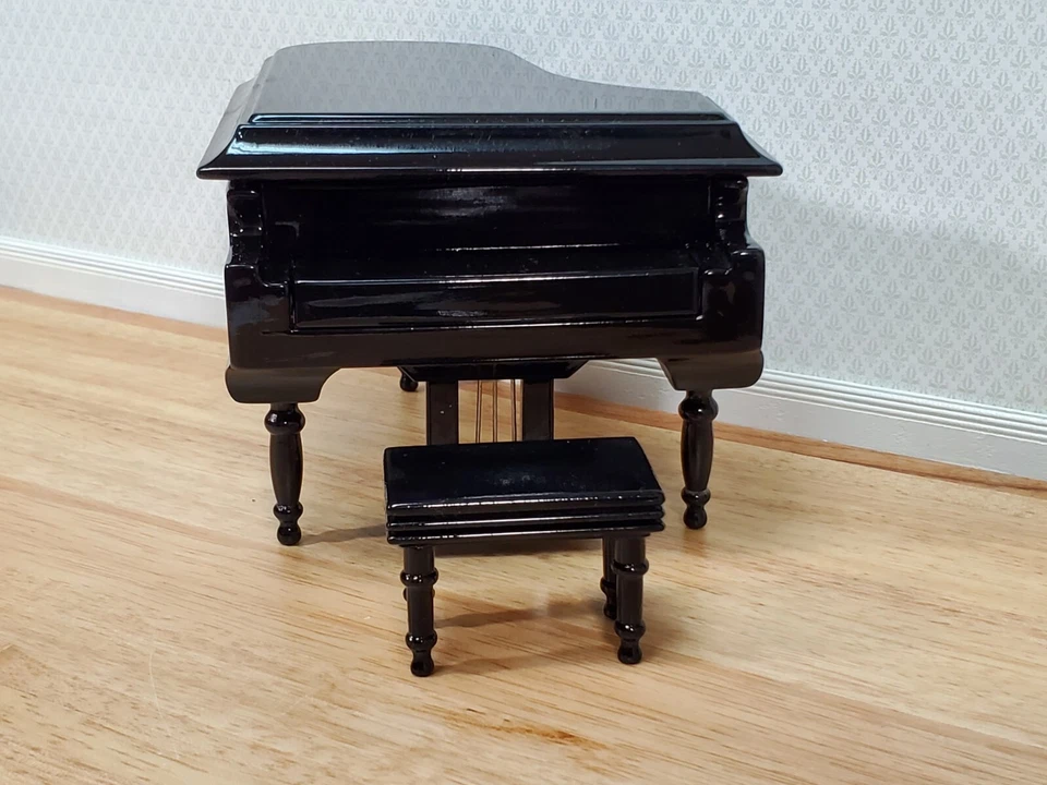 Piano de cola miniatura para casa de muñecas con asiento de banco instrumento negro escala 1:12 Foto 2 de 4