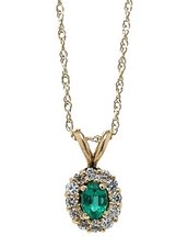 Emerald Diamond Halo Petite Pendant Necklace 14k Yellow Gold 18" Rope Chain