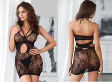 KILLER LEGS Mini Dress Lace Halter Cutout Front Cross Back Bodystocking 818JT162