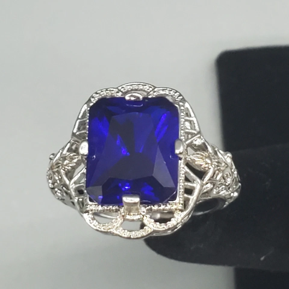 Blue Emerald Cut Ring Silver Tone Filigree Setting size 5.75 Prong Set Glass - Image 3 of 4