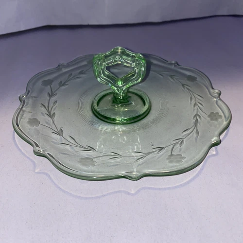 Vintage Uranium Green Vaseline Depression Glass 7" Center Handled Tidbit Tray