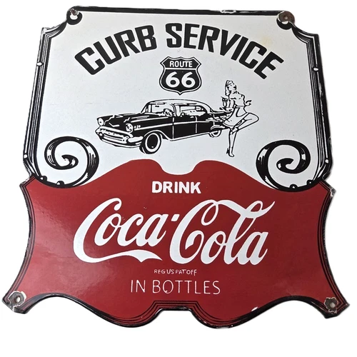 Vintage Route 66 Coca Cola Porcelain Sign - Curb Service Soda Diner Pump Sign