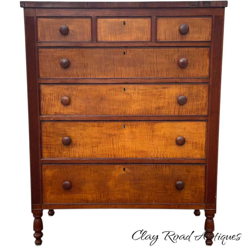 Antigua casa de campo cereza y tigre arce pecho alto sheraton 1820 tocador de campo Foto 2 de 4