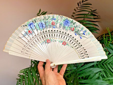 Albanico Spanish Painted Floral Folding Fan Lacquered Wood Sticks Cotton 1960s