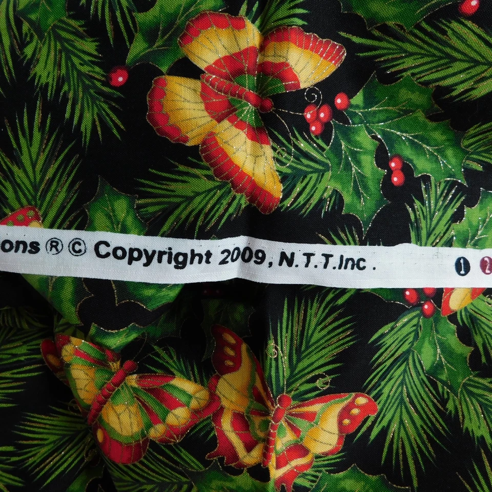 Tela de algodón de Navidad tradiciones acolchado mariposas acebo negro verde 2,6 yardas Foto 3 de 4