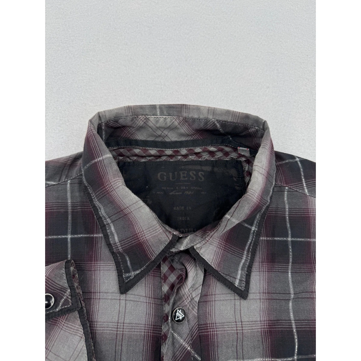 Camisa de hombre Guess a cuadros occidental con botones a presión negra a cuadros manga larga grunge