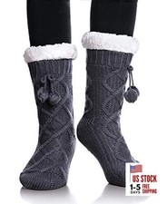 Womens Non Slip Slipper Socks Winter Warm Soft Cozy Fuzzy Fleece-lined Grey