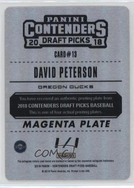 2018 Panini Contenders Draft Picks Printing Plate Magenta 1/1 David Peterson b9e - Image 2 of 3