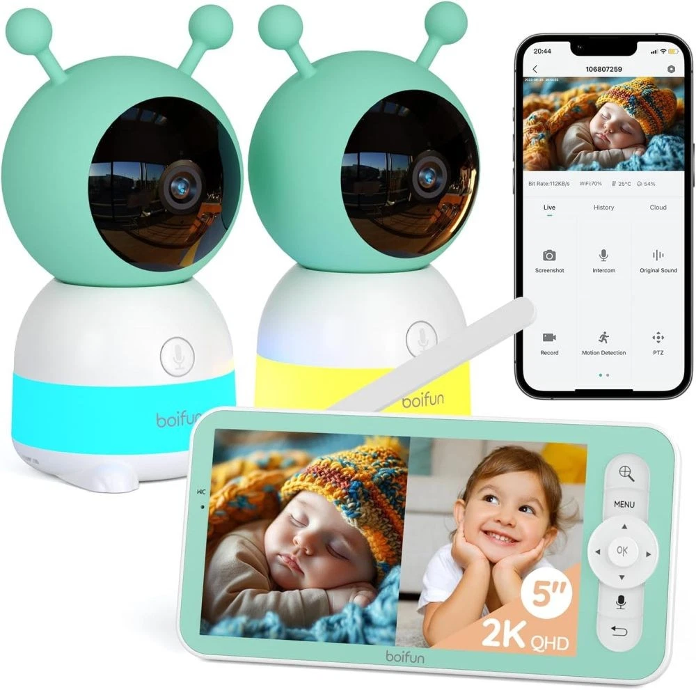 BOIFUN Baby Monitor 5” Split Screen 2K WiFi 2Cameras Humidity Temperature Sensor