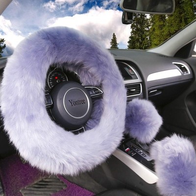 Fluffy Steering Wheel Covers for Women - 15 Inch Pure Wool Set of 3 (Gray)