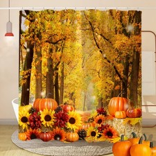 Yellow Fall Forest Shower Curtain, Autumn Maple Leaves Pumpkin Sunflower Natu...