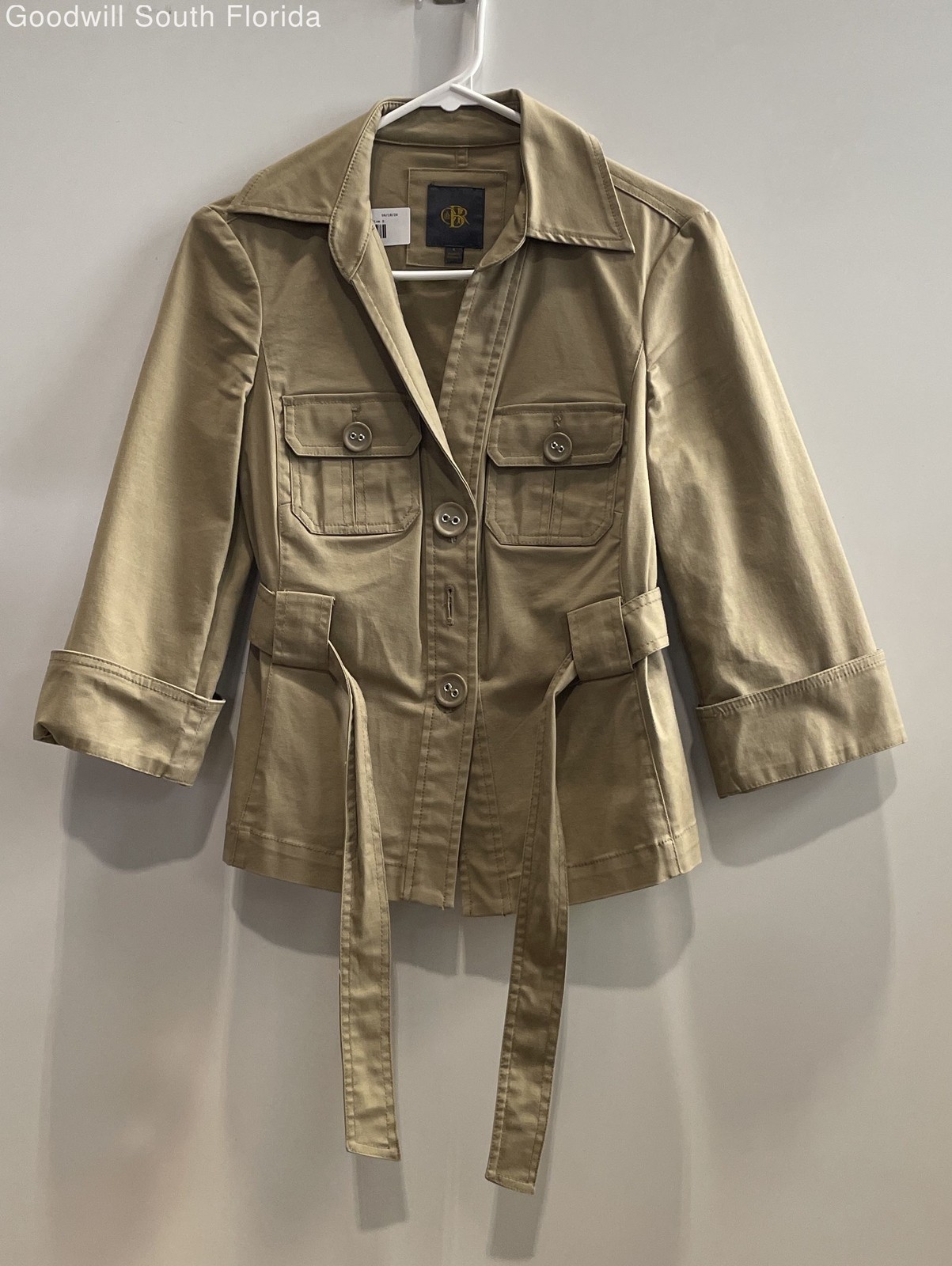 OBR Womens Beige 3/4 Sleeve Collared Front Pockets Belted Jacket Size Small