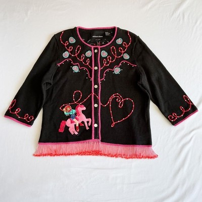 Michael Simon Vintage Western Cowgirl Embroidered Beaded Fringe Cardigan Sz M