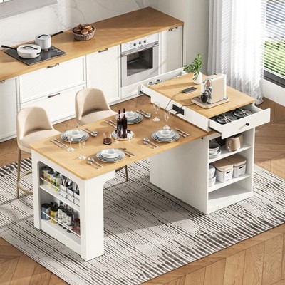 K&K 59.5'' Kitchen Island (Extendable Table, 2 Drawers, Outlet, Double-Sided Stor