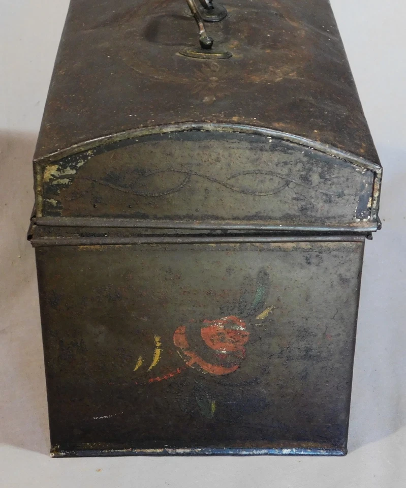 Antique large tole hand painted box jewelry tin trinket swags 19th c. document - Image 2 of 4