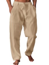Mens Casual Elastic Waist Drawstring Lightweight Cotton Linen Summer Beach Pants