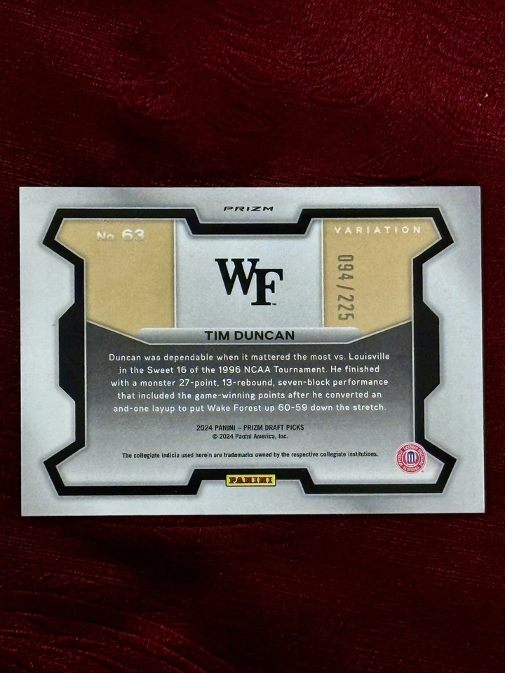 Selecciones de draft Panini Prizm 2024 #63 Tim Duncan Red Pulsar Prizm Variation/225 Foto 2 de 4