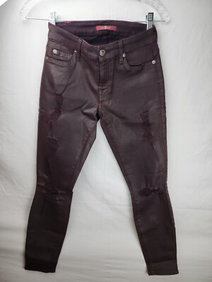 $187 NEW 7 Seven For All Mankind Womens 25 Jeans Waxed Coated Skinny Burgundy 