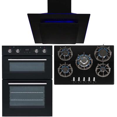 SIA 60cm Black Built-In Double Electric Oven, 70cm Gas Hob & Cooker Hood Package-360760