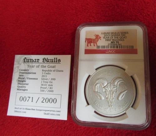 2015 GHANA Lunar Skulls YEAR OF THE GOAT 1oz Silver Coin NGC MS70 -- w.COA - #71