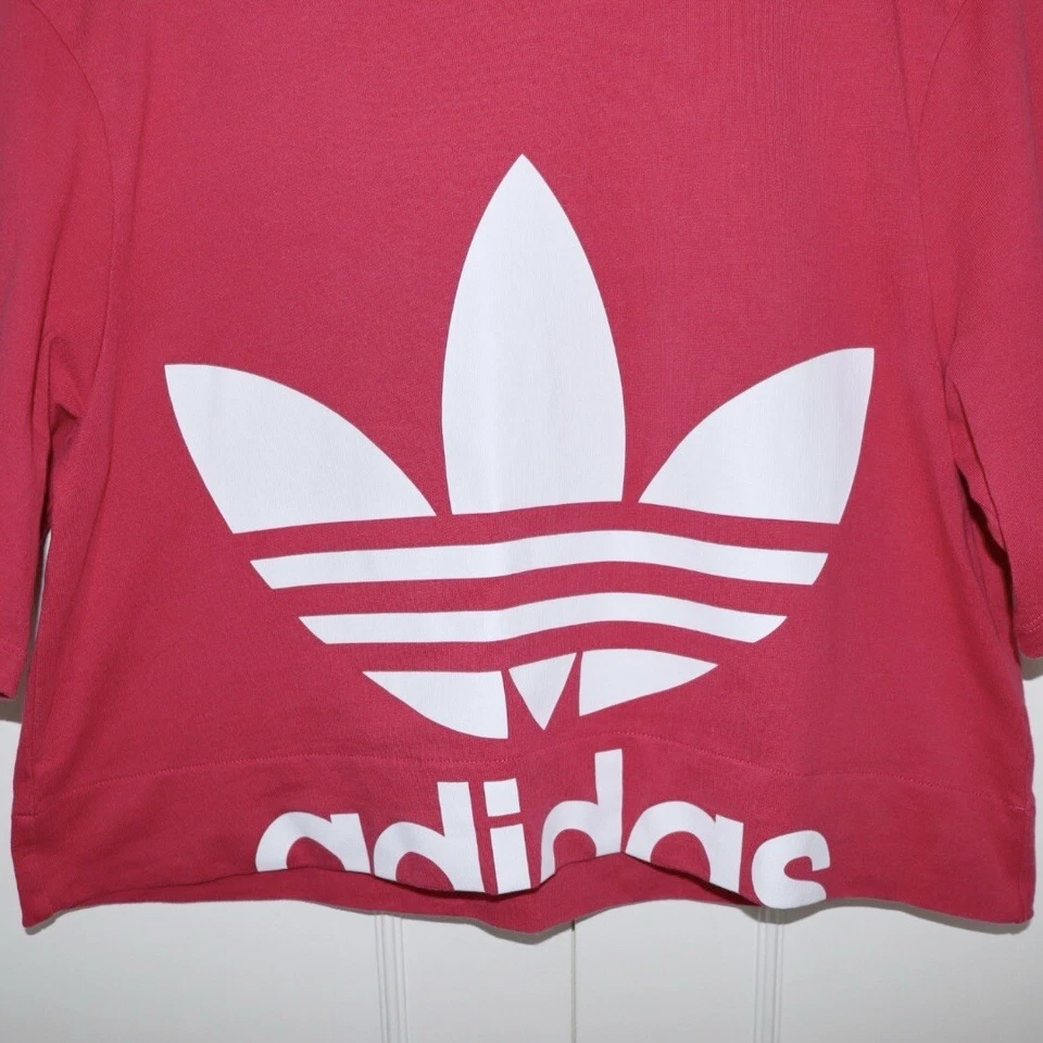 Adidas Crop T Shirt Tee Size UK 8 Womens Pink Big Trefoil Logo Top Pre Loved Vgc - Изображение 3 из 4