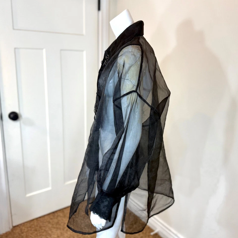 Vintage 90’s OVERSIZED ORGANZA SHIRT w LACE Black Sheer Goth Grunge Button Down - Image 4 of 4