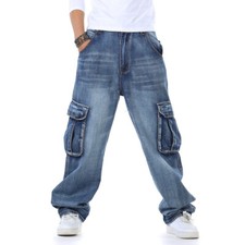 Men Hip-Hop Jeans Denim Cargo Pants Baggy Loose Trousers Skateboard Pocket