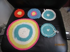 Lot 5 Vintage Handmade Crocheted Pot Holders Hot Pads Trivet Multi Color