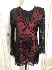 Holly Harp by Amy Michelson Vtg 90s Black & Red Burnout Velvet MiniDress/Tunic S