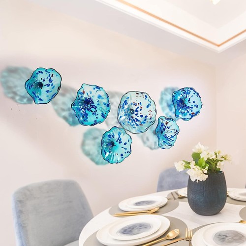 1PC Aqua Teal Fleaks Wall Mounted Art Decor Platter Handmade Glass Plate D12" - Picture 11 of 19