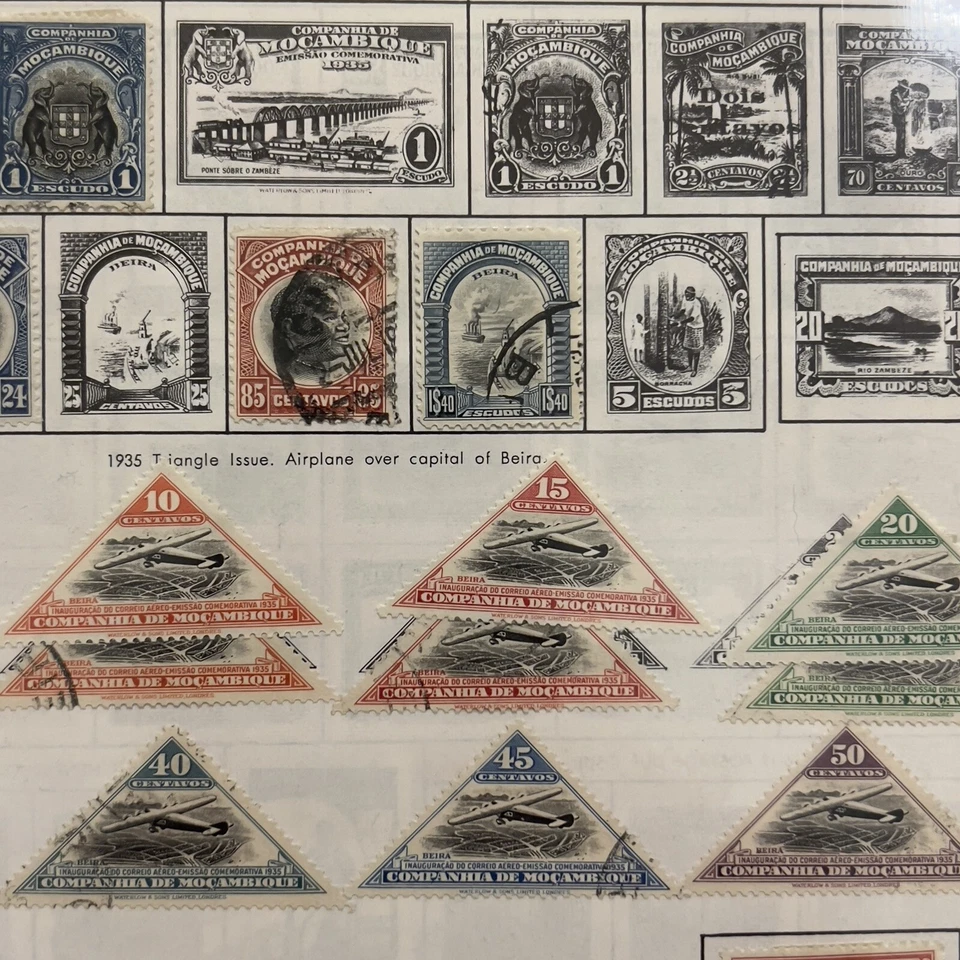 LOTE DE SELLOS M&U DE MOZAMBIQUE DE LOS AÑOS 1910-1940 EN PÁGINA DE ÁLBUM TRIAGLE, CORREO AÉREO, ANIMALES Foto 3 de 4