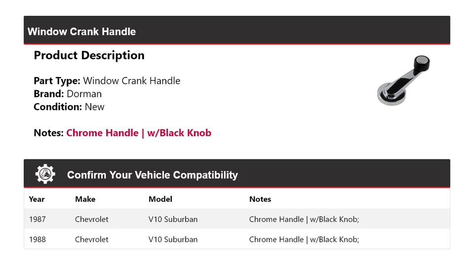 Manivela de ventana para Chevrolet V10 Suburban Dorman 1987-1988 Foto 2 de 4