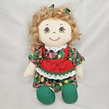 Rag Doll Vtg Commonwealth Blonde Curly Hair Green Floral Dress Embroidered Face