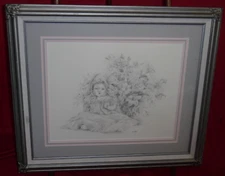 Framed Pencil Sketch Drawing - Baby w/ Flowers - Sarrah - 1991