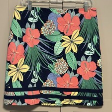 Talbots Skirt 8 Floral Cotton Blue Pink Green Tropical Lined Stretch Coastal EUC