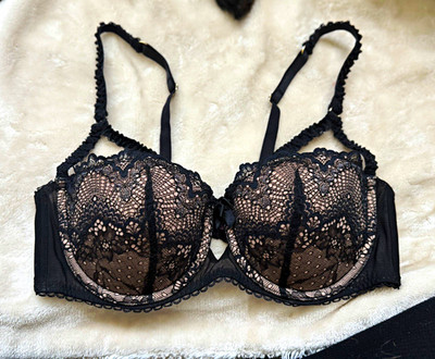 Adore Me Black Floral Lace Mesh Sheer Underwired Unlined Bra 36C Hook & Eye