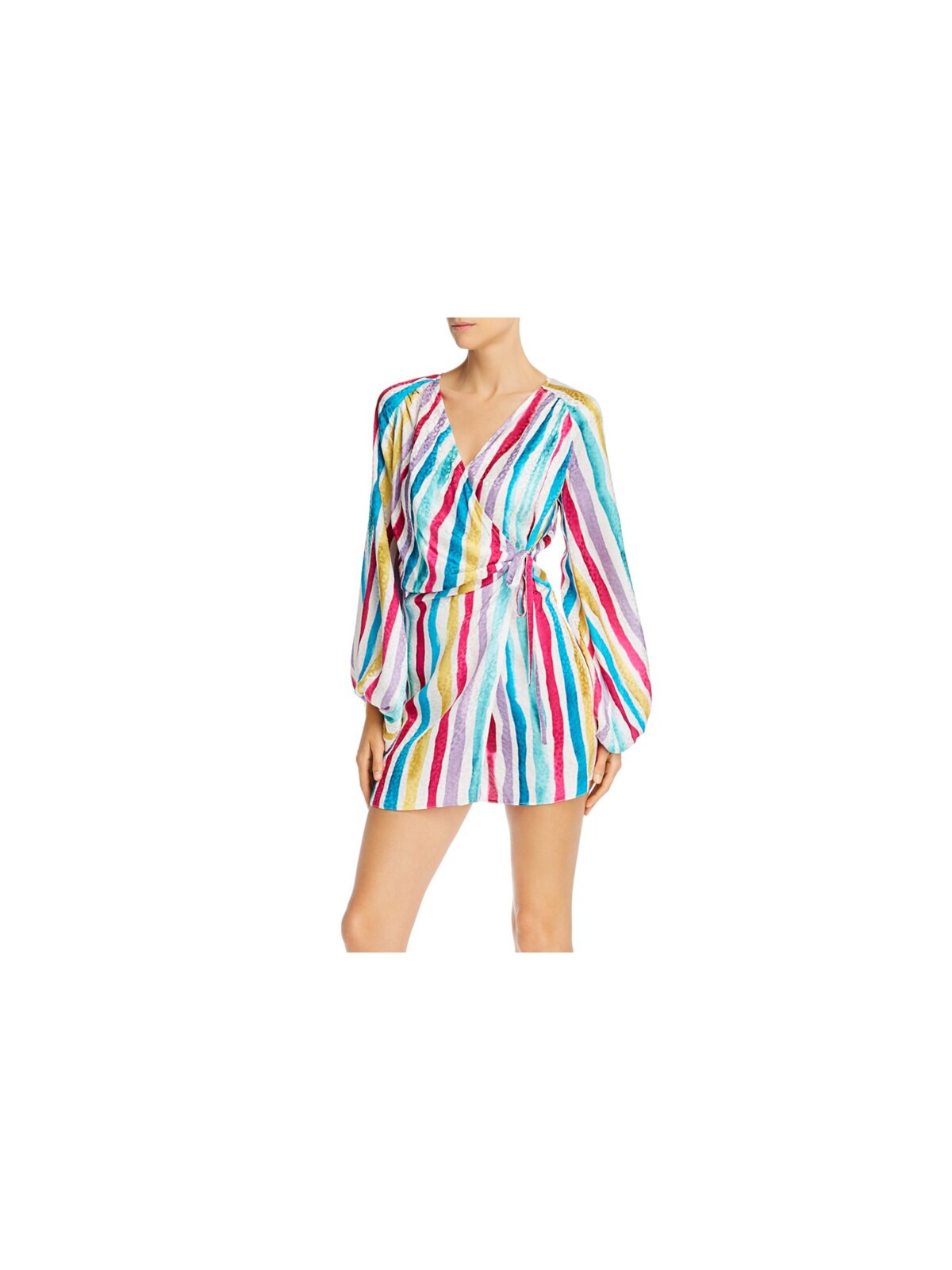 ART DEALER Womens White Tie Front Long Sleeve Mini Wrap Cocktail Party Dress  