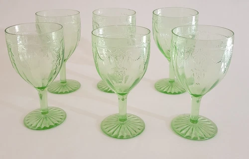 1930s - 6 Cameo Green Depression Glass Water Goblets Ballerina Anchor Hocking