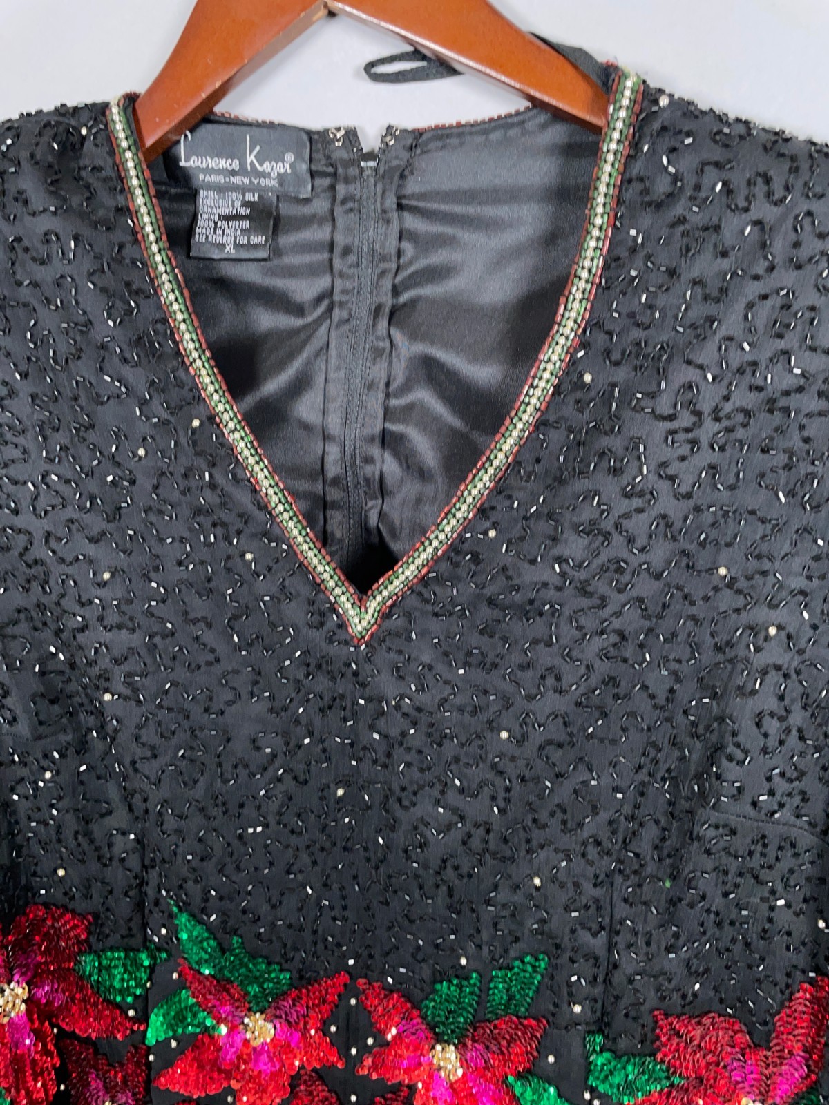 Laurence Kazar Beaded Sequin Top Women's Large Black Poinsettia Silk Holiday