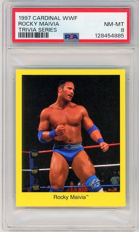 1997 -ROCKY MAIVIA- PSA 8 WWF Cardinal Trivia THE ROCK Rookie Wrestling Card