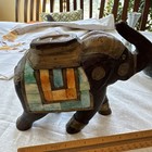 Antique Vintage Indian Hand Carved Wood Stone &Metal Inlay Brass Copper Elephant — photo 5