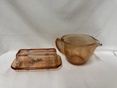 Pink Amber Depression Style Glass Butter Dish, 2 Cup Measure  Vintage Style