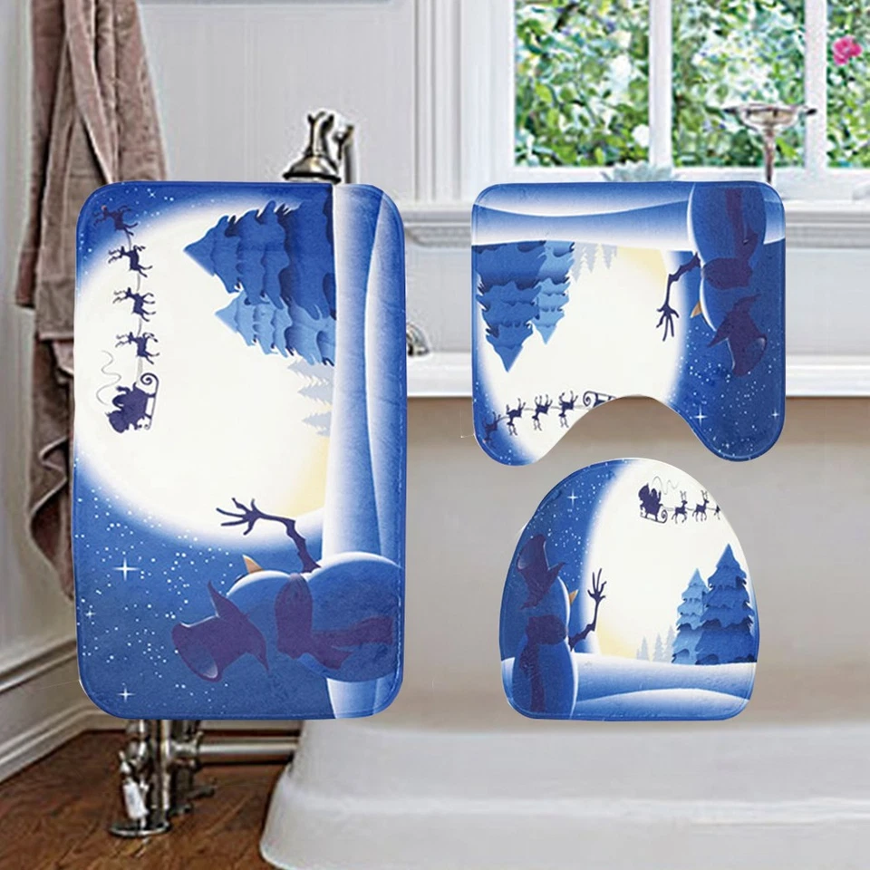 3 in 1 Blau Weihnachten Schneemann Muster Badematte Set Rutschfeste Waschraum - Bild 3 von 4