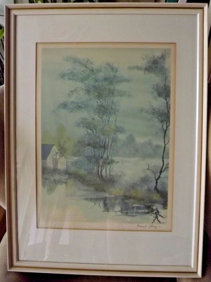 Bernard Charoy Haus am Wasser Paysage bleu Lithographie signierter nummeriert