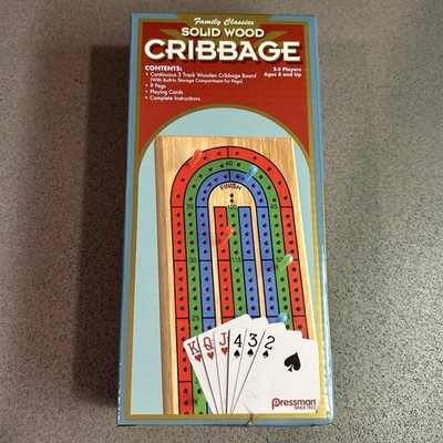 Solid Wood Cribbage - 3 Track Board, Pegs, Cards, and Complete Instructions NEW!
