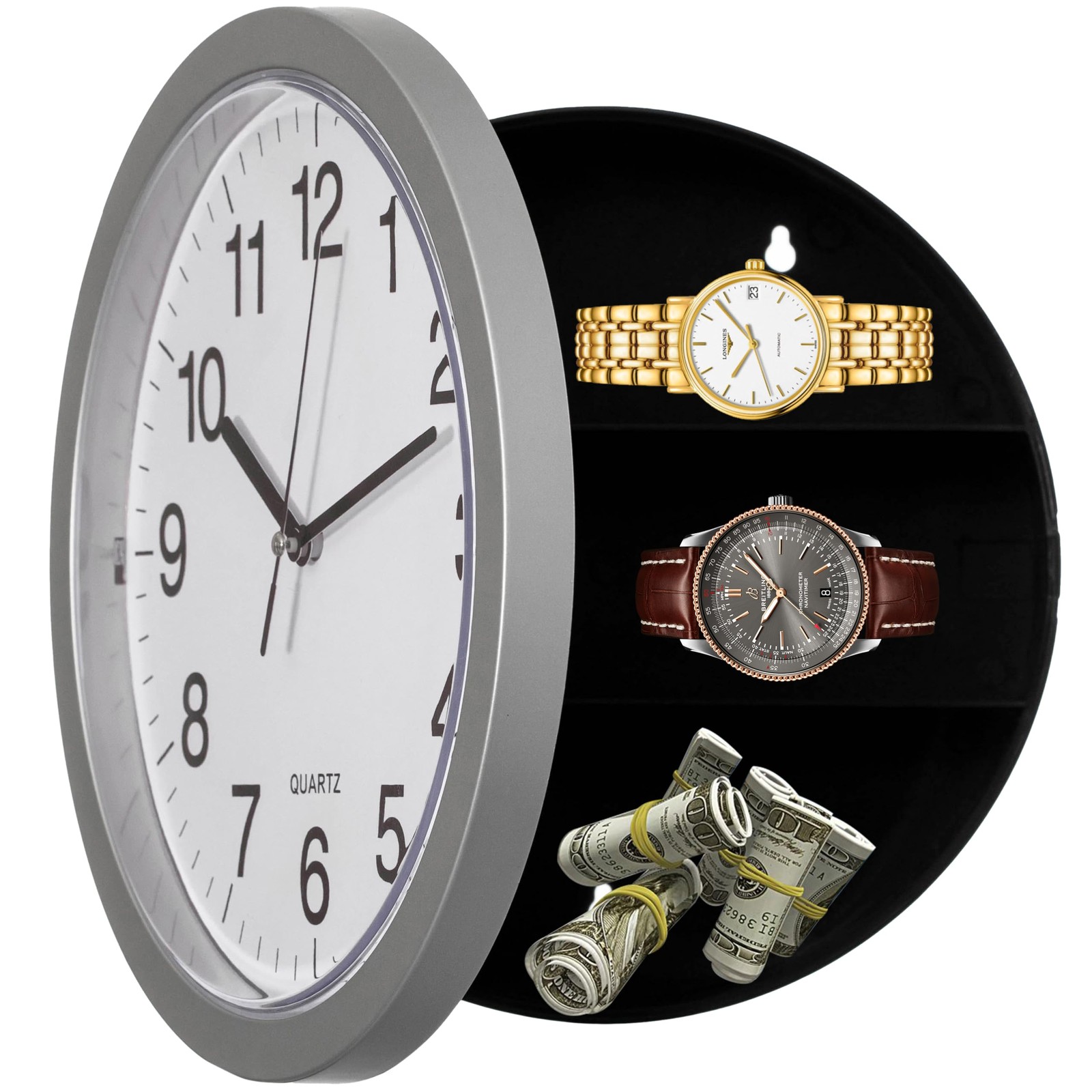 10 Inch Wall Mounted Clock Hidden Storage Door Safe Valuables Secret Silver