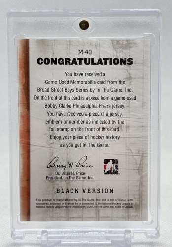 2011-12 ITG Broad Street Boys Bobby Clarke Game Used Jersey Patch #M-40 Black SP - Picture 2 of 2
