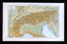 1900 Times Map - Physical Alps Switzerland Austria Italy Geneva Vienna Innsbruck